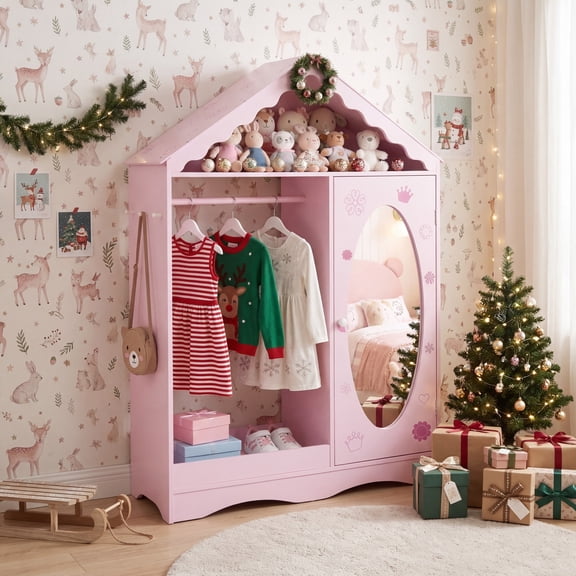 ELLEGNT Kids Wardrobe with Mirror - Roofed Dress Up Storage Closet with Open Hanging Rack Pink