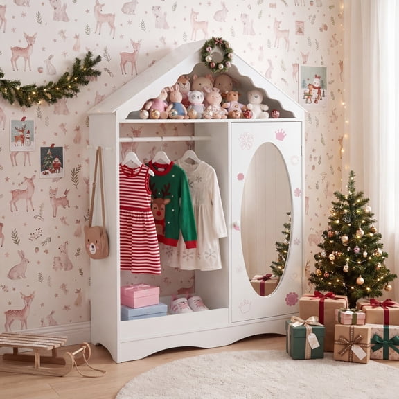 ELLEGNT Kids Wardrobe with Mirror - Roofed Dress Up Storage Closet with Open Hanging Rack White