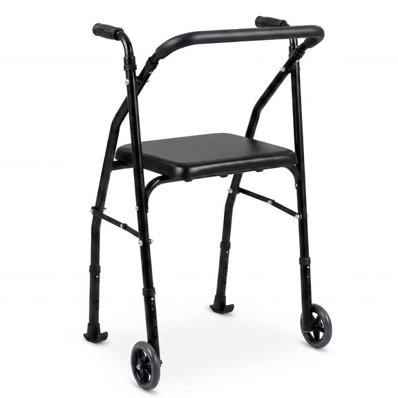ELLEGNT Lightweight Aluminum Folding Walker for Seniors with 2 Wheels, 5-Level Height Adjustment & Padded Seat, Portable Stand Up Mobility Walking Aid for Disabled Individuals & Adults, Black