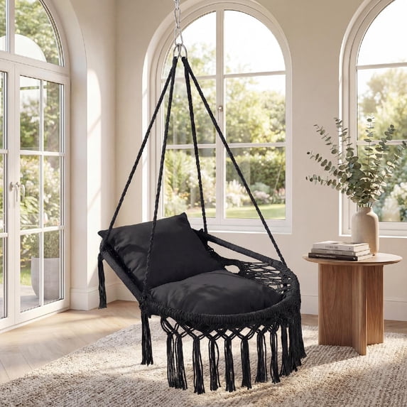 ELLEGNT Macrame Hanging Swing Chair - Includes 2 Removable Cushions, Strong Polyester‑Cotton Rope Construction, Black