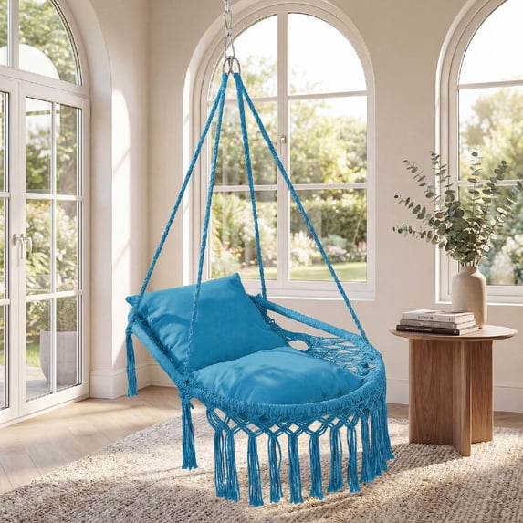 ELLEGNT Macrame Hanging Swing Chair - Includes 2 Removable Cushions, Strong Polyester‑Cotton Rope Construction, Blue