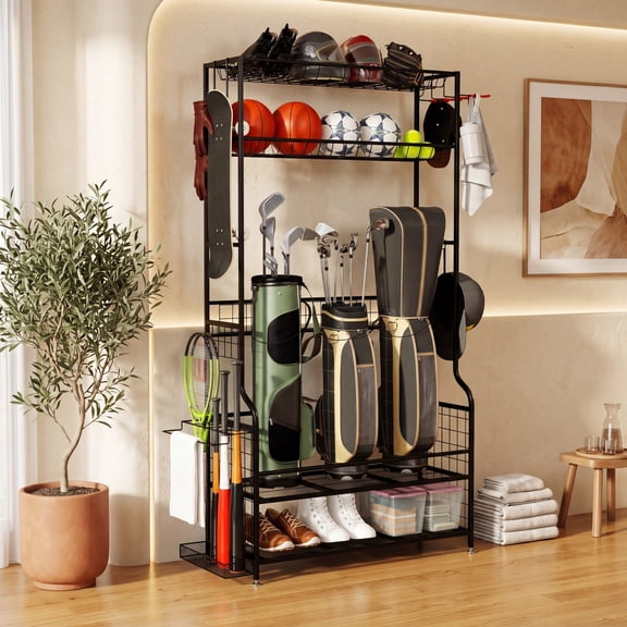 ELLEGNT Mobile Golf Bags Storage Organizer  Rolling Sports Equipment Rack with Wheels