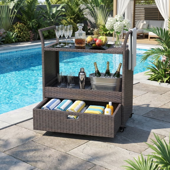 ELLEGNT Mobile Rattan Wicker Kitchen Island Cart on Wheels with Storage Shelves - Perfect for Dining, Serving, or Restaurant Organization