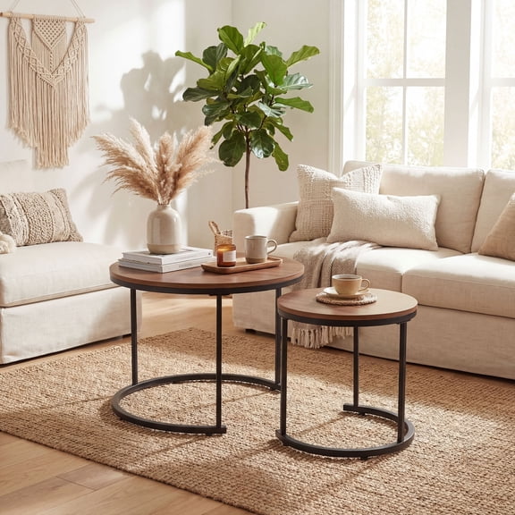 ELLEGNT Nesting Coffee Table Set of 2 - Modern Round Side Tables for Living Room or Balcony Brown