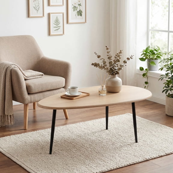 ELLEGNT Oval Coffee Table,Mid-Century Modern Center Table with Sturdy Metal Frame, Compact Retro Sofa Table for Living Room