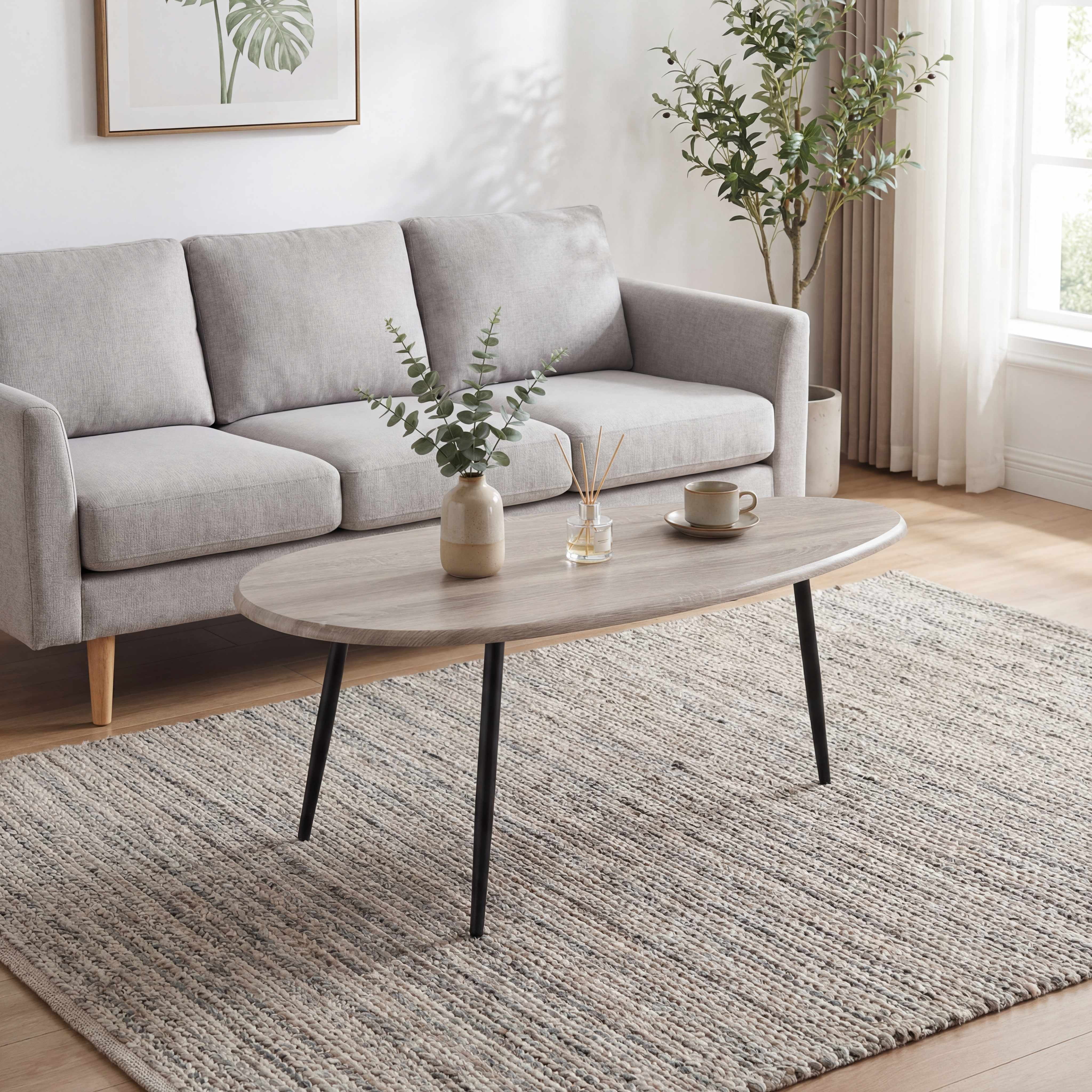 ELLEGNT Oval Coffee Table,Mid-Century Modern Center Table with Sturdy Metal Frame, Compact Retro Sofa Table for Living Room