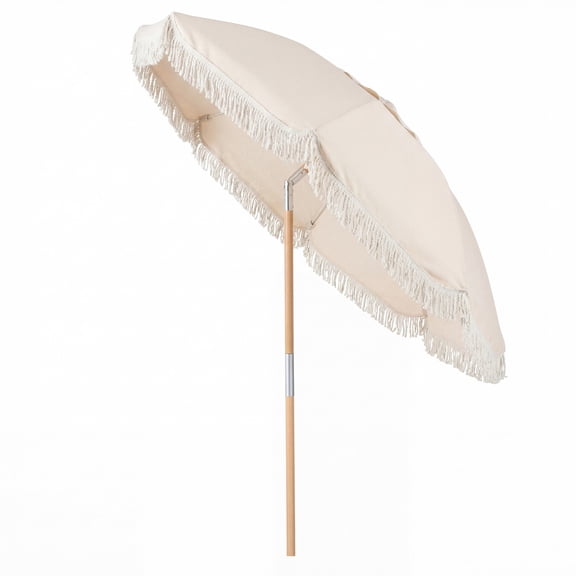 ELLEGNT Push Button Tilt Patio Umbrella - 6 FT, Wood Pole, Fringe Trim, 8 HeavyDuty Ribs, White