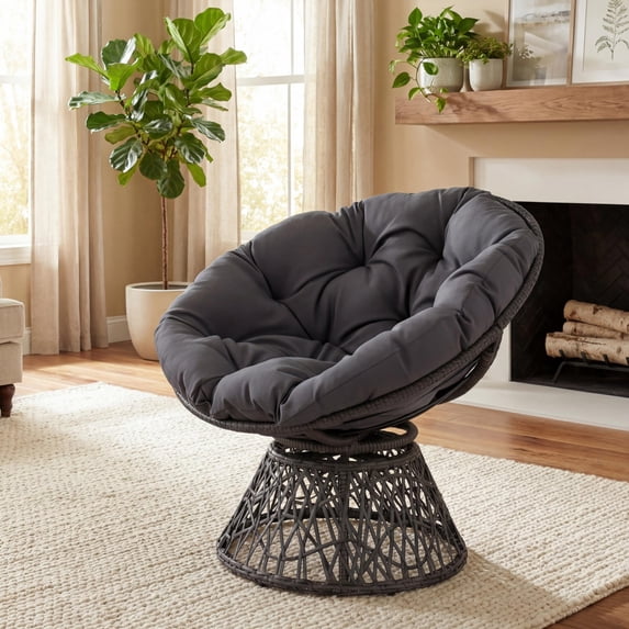 ELLEGNT Rattan Wicker Lounge Chair - Swivel Papasan with Extra‑Thick Cushion, Metal Frame for Yard or Balcony, Gray