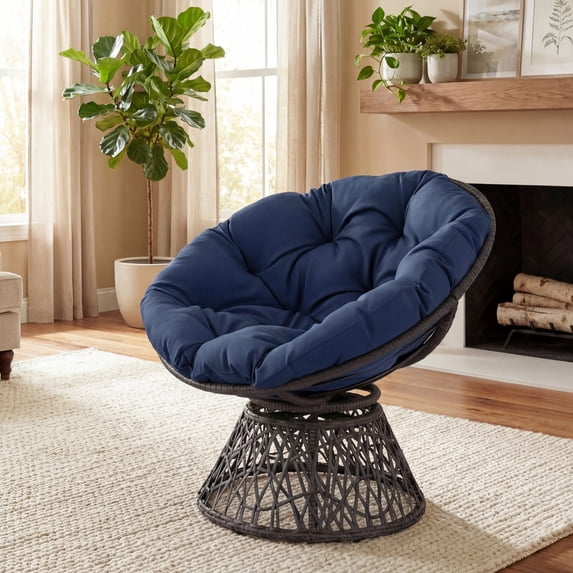 ELLEGNT Rattan Wicker Lounge Chair - Swivel Papasan with Extra‑Thick Cushion, Metal Frame for Yard or Balcony, Navy