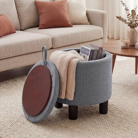 ELLEGNT Round Ottoman with Storage - Removable Lid, Linen Fabric Footrest Stool for Living Room, Bedroom Gray