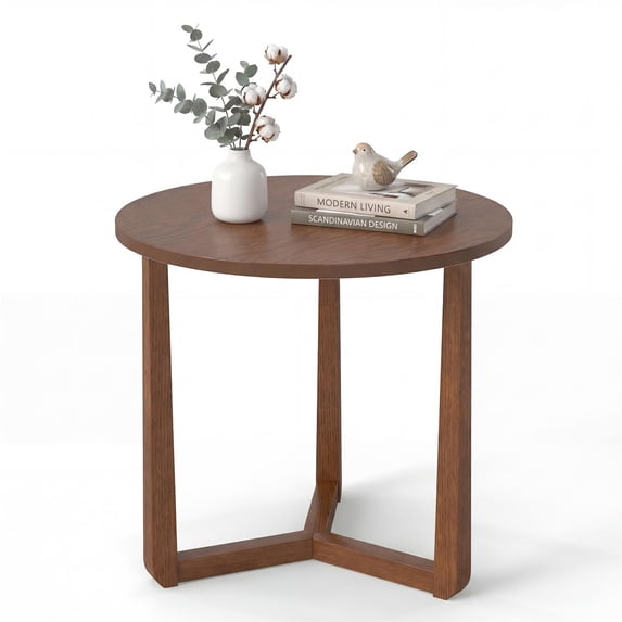 ELLEGNT 1 PCS Rubber Wood Round Side Table – Triangular Support End Table for Bedroom, Living Room, or Small Space Walnut