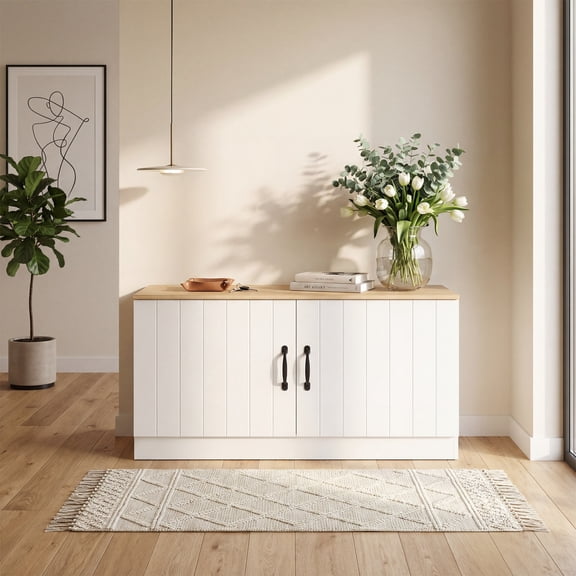 ELLEGNT Shoe Bench with 2 Doors and Adjustable Shelves - Hidden Storage for Hallway or Mudroom, Natural+White