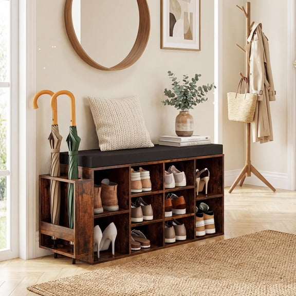 ELLEGNT Shoe Bench with Umbrella Stand - Padded Seat, Adjustable Shelves for Entryway Storage, Rustic Brown