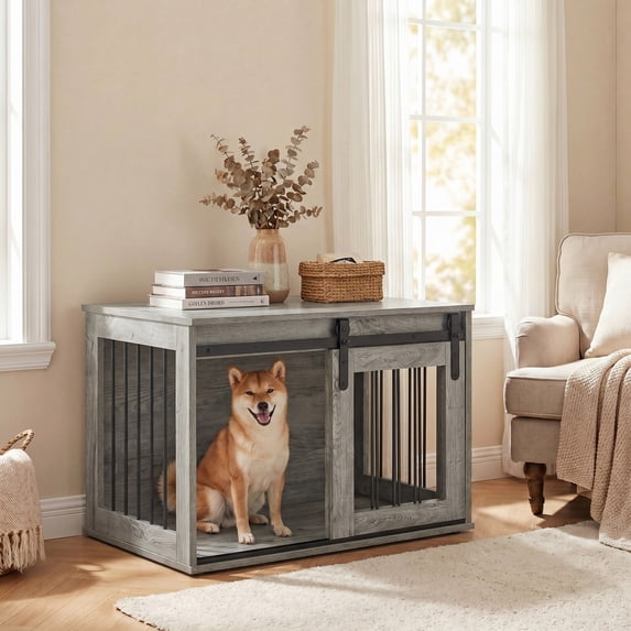 ELLEGNT Sliding Barn Door Dog Crate – Heavy Duty Metal Frame Wooden Kennel, 31.5" Decorative End Table for Small & Medium Dogs, Gray
