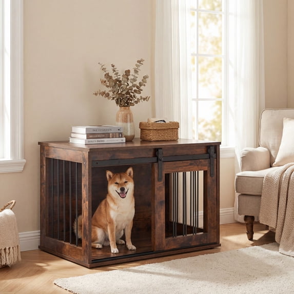 ELLEGNT Sliding Barn Door Dog Crate – Heavy Duty Metal Frame Wooden Kennel, 31.5" Decorative End Table for Small & Medium Dogs, Rustic Brown