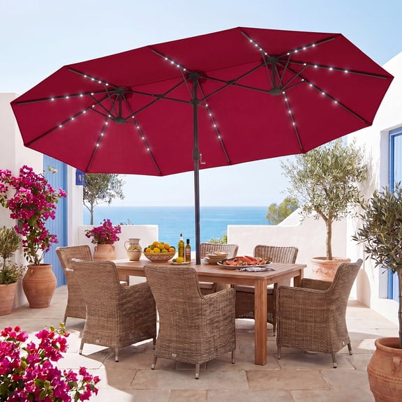ELLEGNT Solar LED Double‑Sided Patio Umbrella – 15FT, Crank & Base Included, Wine