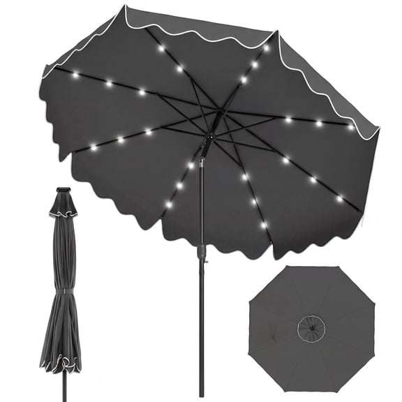 ELLEGNT Solar LED Patio Umbrella – 10 FT, 24 Lights, 8 Ribs, Tilt Adjustment, Gray