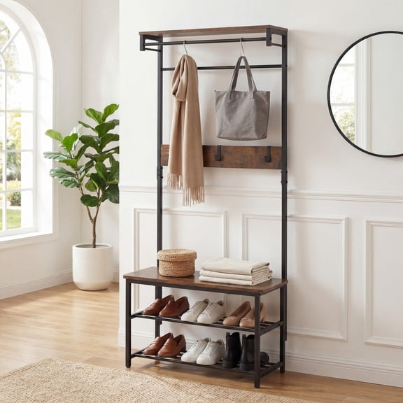 ELLEGNT Space-Saving Hall Tree, Shoe Bench, Coat Rack with Hanging Rod, Shelves & Removable Hooks 4-in-1 Entryway Organizer