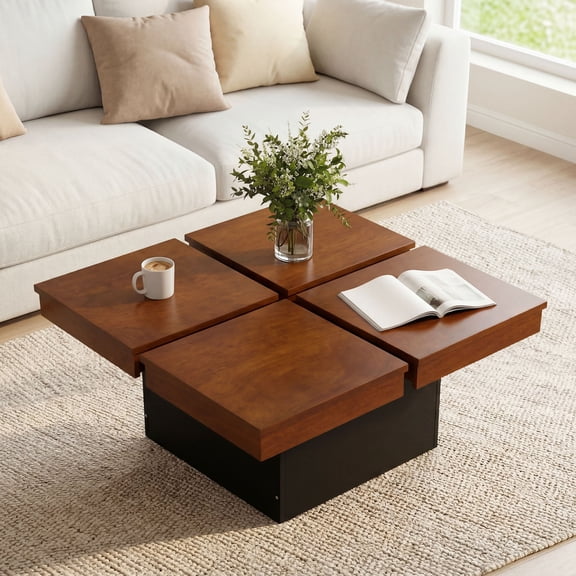 ELLEGNT Split Top Square Coffee Table with Solid Wood Veneer Recessed Base, Modern Accent Table for Apartment or Small Space