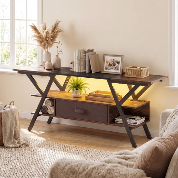 ELLEGNT TV Stand for 65" TVs - 3‑Tier with Power Outlets, LED Lights, and Remote Storage Shelves, Brown