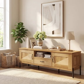 ELLEGNT TV Stand with 2 Cabinets, Open Shelf & Drawer Rattan Design, Fits up to 80 TV