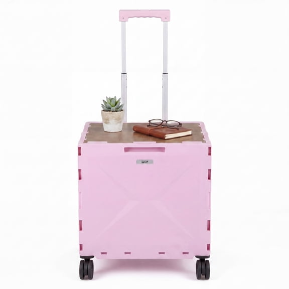 ELLEGNT Telescoping Handle Folding Cart – 4 Rotating Wheels, Lid, Cup Holder, Collapsible Utility Wagon, Pink