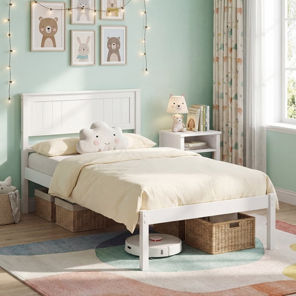 ELLEGNT Twin Size Platform Bed Frame, Solid Wood with Headboard, Sturdy Slats Support Mattress No Box Spring Needed