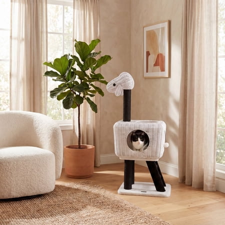 ELLEGNT Wicker Cat Tree – 43" Lamb-Shaped Tower with 2-Door Rattan Condo, Scratching Posts , Removable Plush Cushion, Ball, Indoor Kitten Center