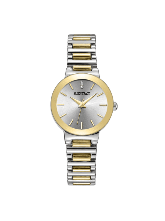 Diamond Collection Women’s Two-Tone Gold Bracelet Watch – Round Silver Sunray Dial with Crystals