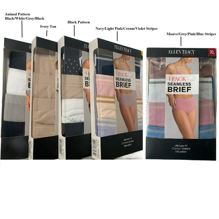 ELLEN TRACY Essentials Womens Seamless Briefs 4-Pack Panties  (Mauve/Grey/Pink/Blue Stripes, XL)