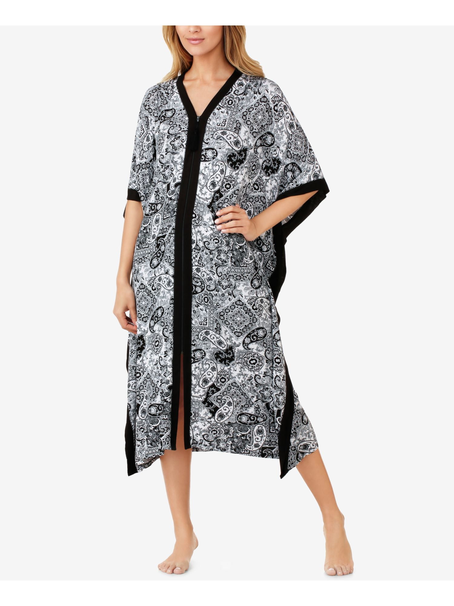 ELLEN TRACY Intimates White Solid Trim Caftan Elbow Length Butterfly