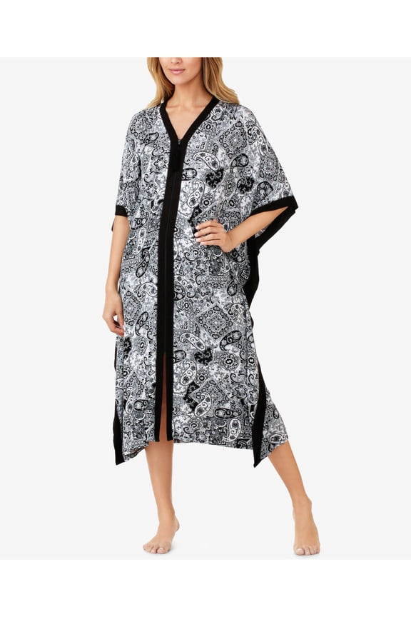 Intimates White Solid Trim Caftan Elbow Length Butterfly Sleeves Robe S
