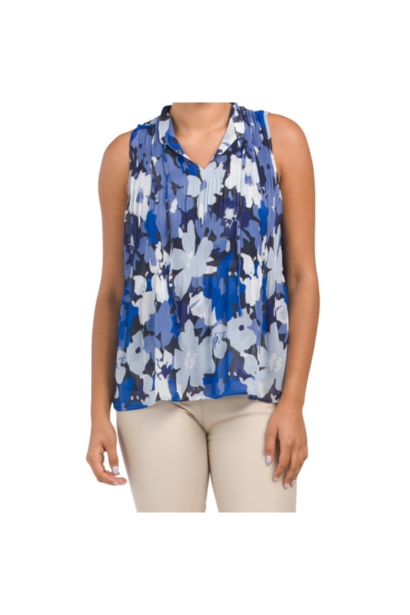 Women's Floral Print Tie Neck Pleated Sleeveless Blouse-Blue / S