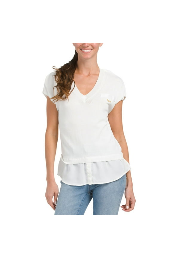 Women's Short Sleeve Twofer V-neck Knit Mixed-media Top (White, L)