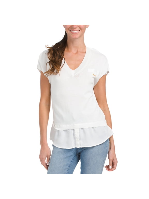 Women's Short Sleeve Twofer V-neck Knit Mixed-media Top (White, S)