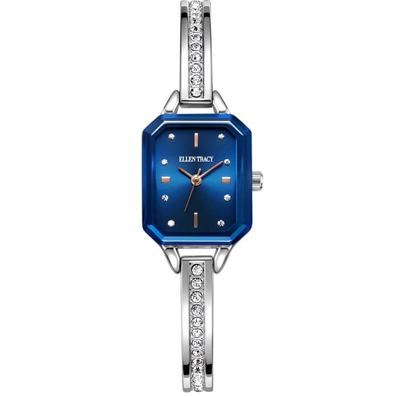Ellen Tracy Women’s Silver Bracelet Watch – Elegant Octagon Blue Dial Dress Watch with Crystal Accents, Slim Bangle Style