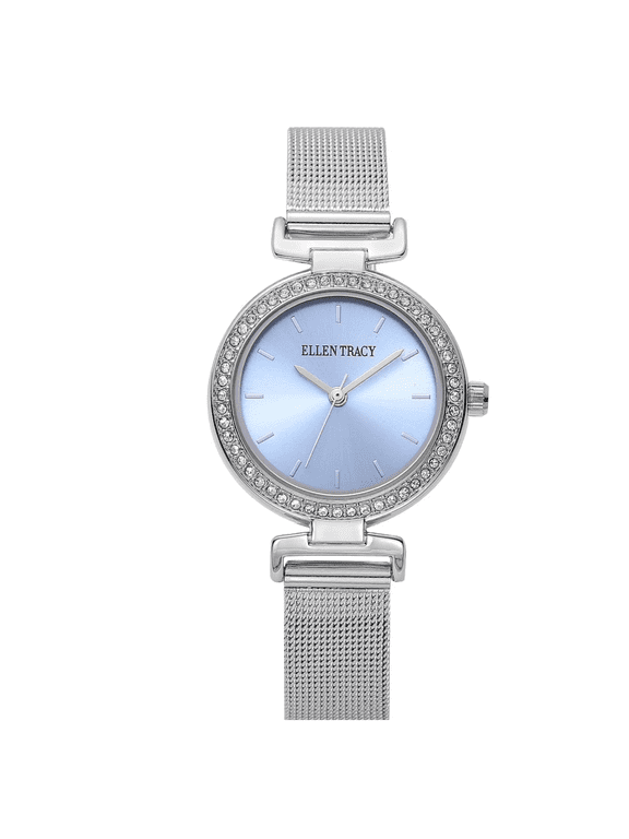 Women’s Silver Mesh Bracelet Watch – Round Sky Blue Sunray Dial, Crystal Bezel, Quartz Dress Fashion Watch for Women