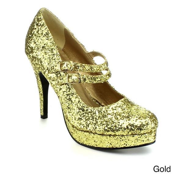 ELLIE 421-JANE-G Women's 4" Heel Double Strap Glitter Mary Jane Platform Pump