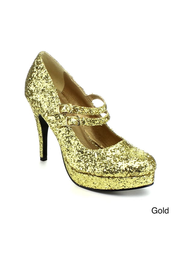 421-JANE-G Women's 4" Heel Double Strap Glitter Mary Jane Platform Pump