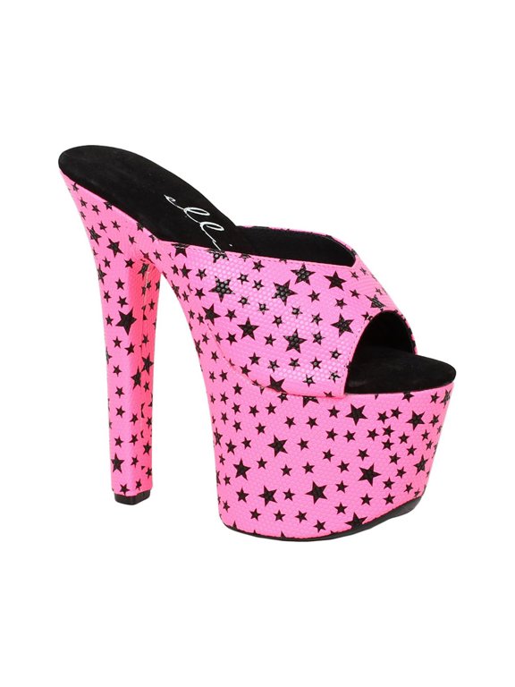 711-GAZE Women's 7" Heel Mule Slide Platform Sandals With Star Print