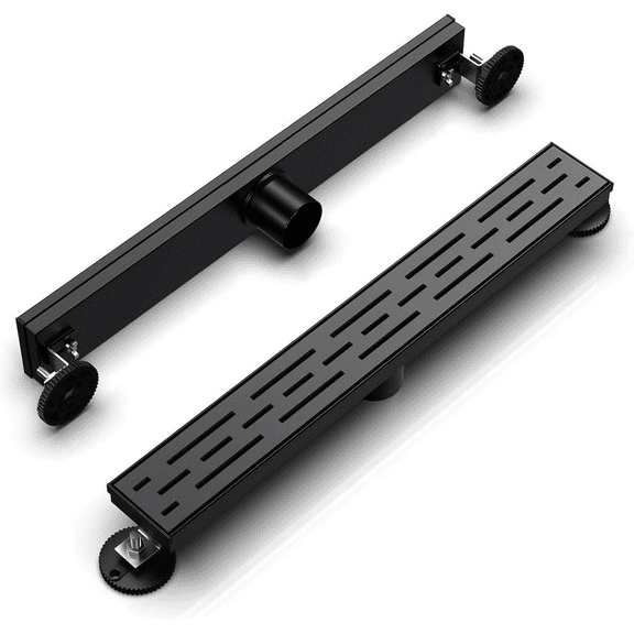 ELLO&ALLO 24 Inch Matte Black Linear Shower Drain, SUS304 Stainless Steel Rectangle Shower Floor Drain with Removable Pattern Grate