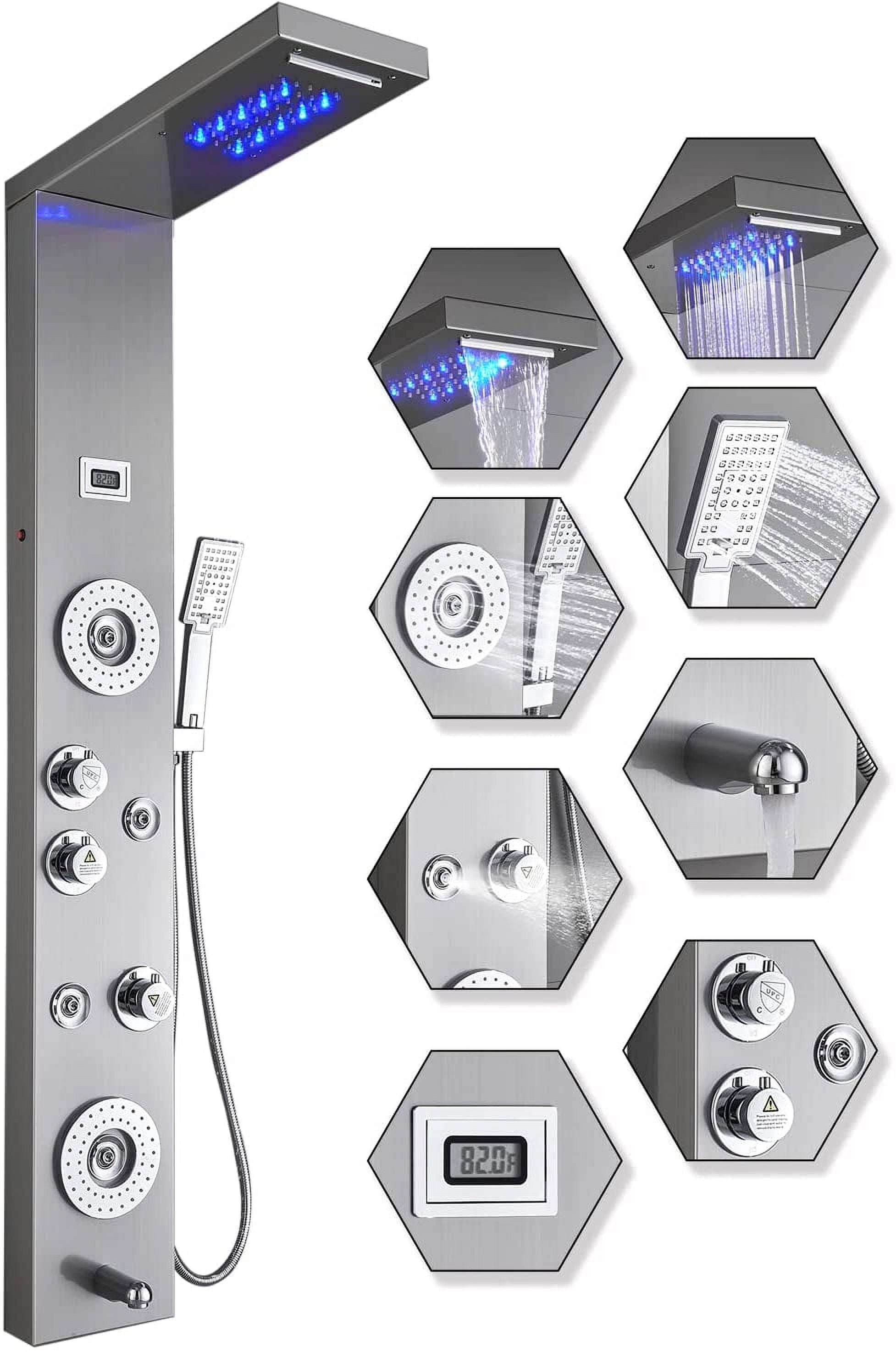 ELLO&ALLO Stainless Steel Shower Panel Tower System, LED Rainfall Waterfall Shower Head 6-Function Faucet Rain Massage System with Body Jets, Brushed Nickel