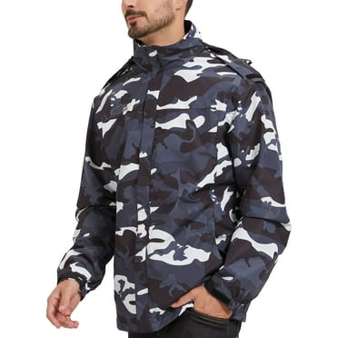 ELLSWOS-SPORTS Men's Waterproof Jacket Rain Coat with Hood Outdoor Lightweight Hiking Jacket Camo L