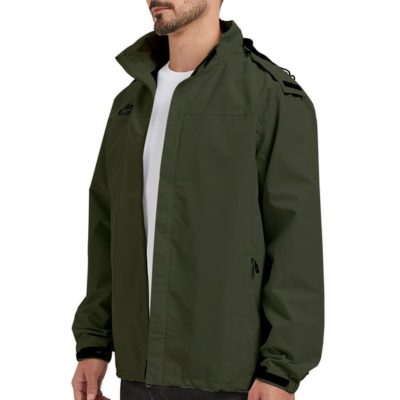 ELLSWOS-SPORTS Men's Waterproof Jacket Rain Coat with Hood Outdoor Lightweight Hiking Jacket Green L