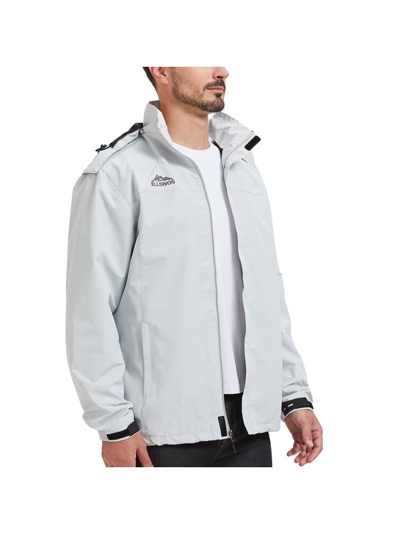 Men's Waterproof Jacket Rain Coat with Hood Outdoor Lightweight Hiking Jacket Light Gray M