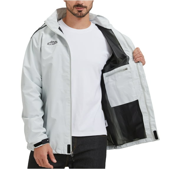 ELLSWOS-SPORTS Men's Waterproof Jacket Rain Coat with Hood Outdoor Lightweight Hiking Jacket Light Gray XL