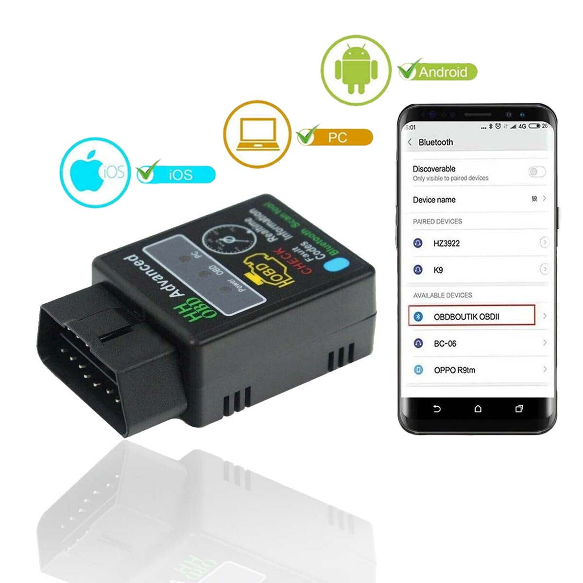 ELM327 V1.5 OBD2 Advanced Bluetooth Scanner Auto Diagnostic for iOS &  Android, Car Check Engine Light Code Reader