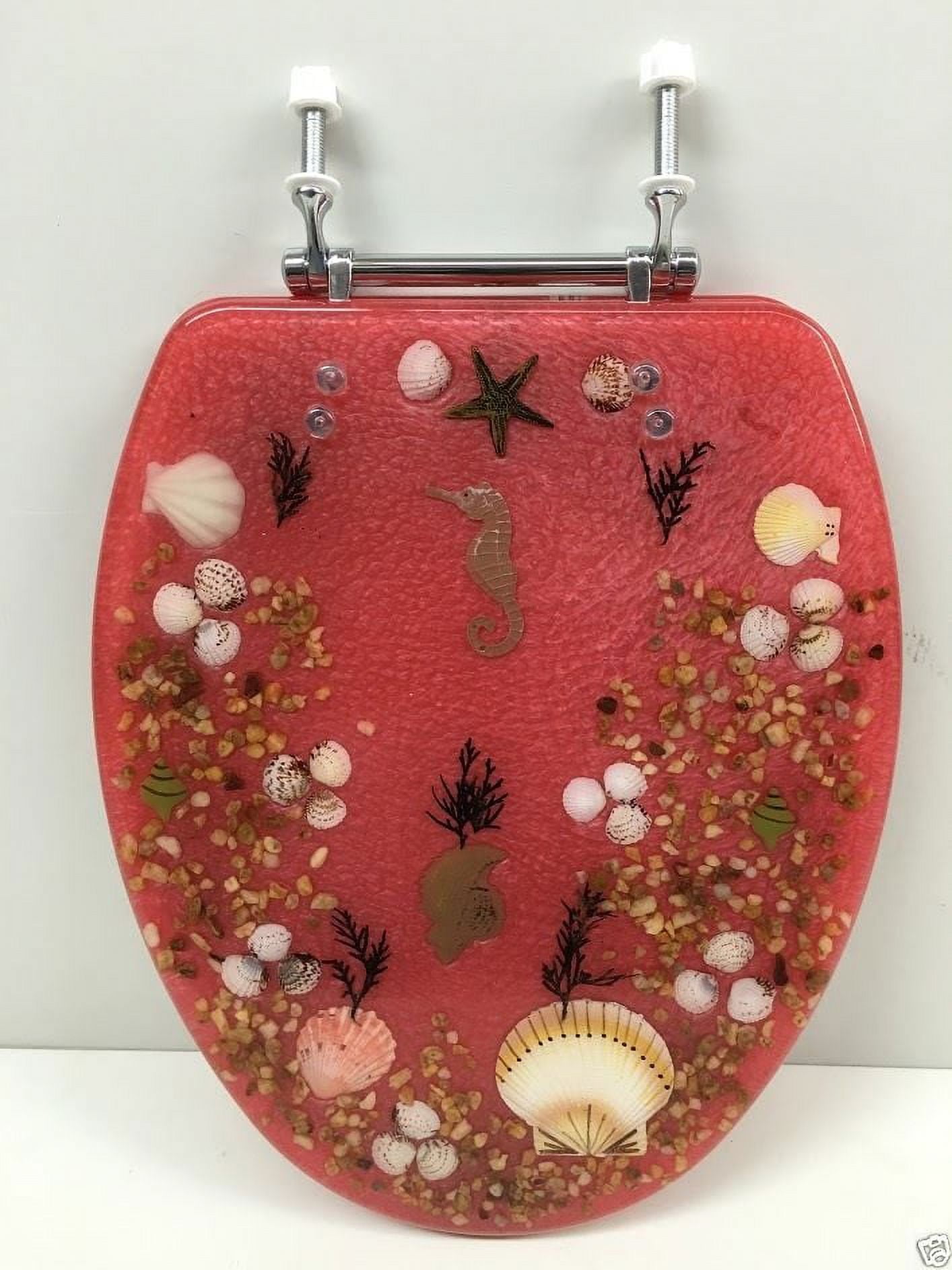 ELONGATED ROSE PINK SEASHELL AND SEAHORSE RESIN TOILET SEAT, CHROME HINGES