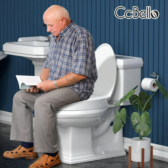 ELONGATED toilet seat risers for seniors, Slow Close, Elevated toilet seat, Heavy Duty, Never Loosen, Raised toilet seat elongated bowl, White(18.5")