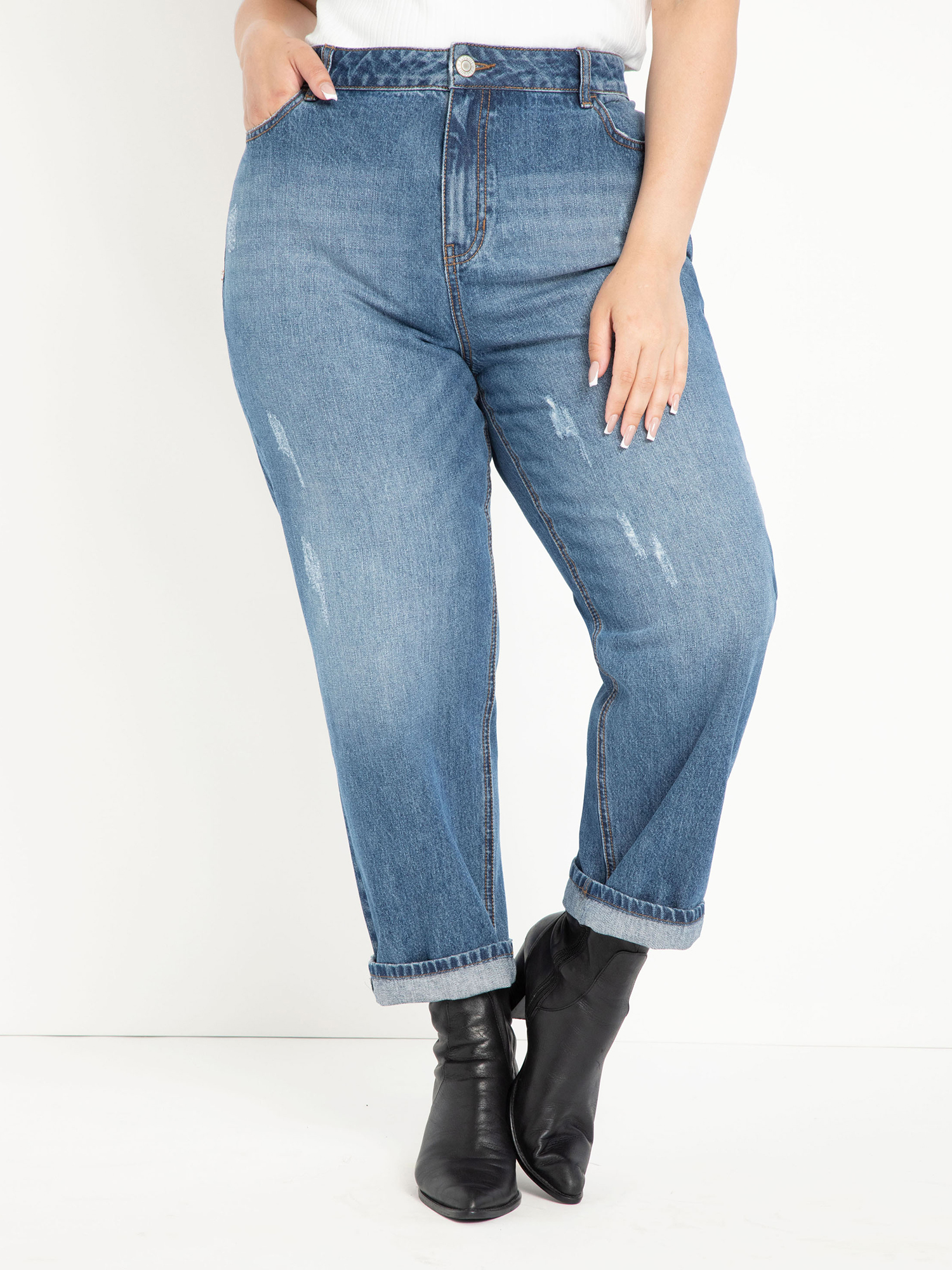 ELOQUII Elements Plus Size Distressed Mom Jeans - image 1 of 3